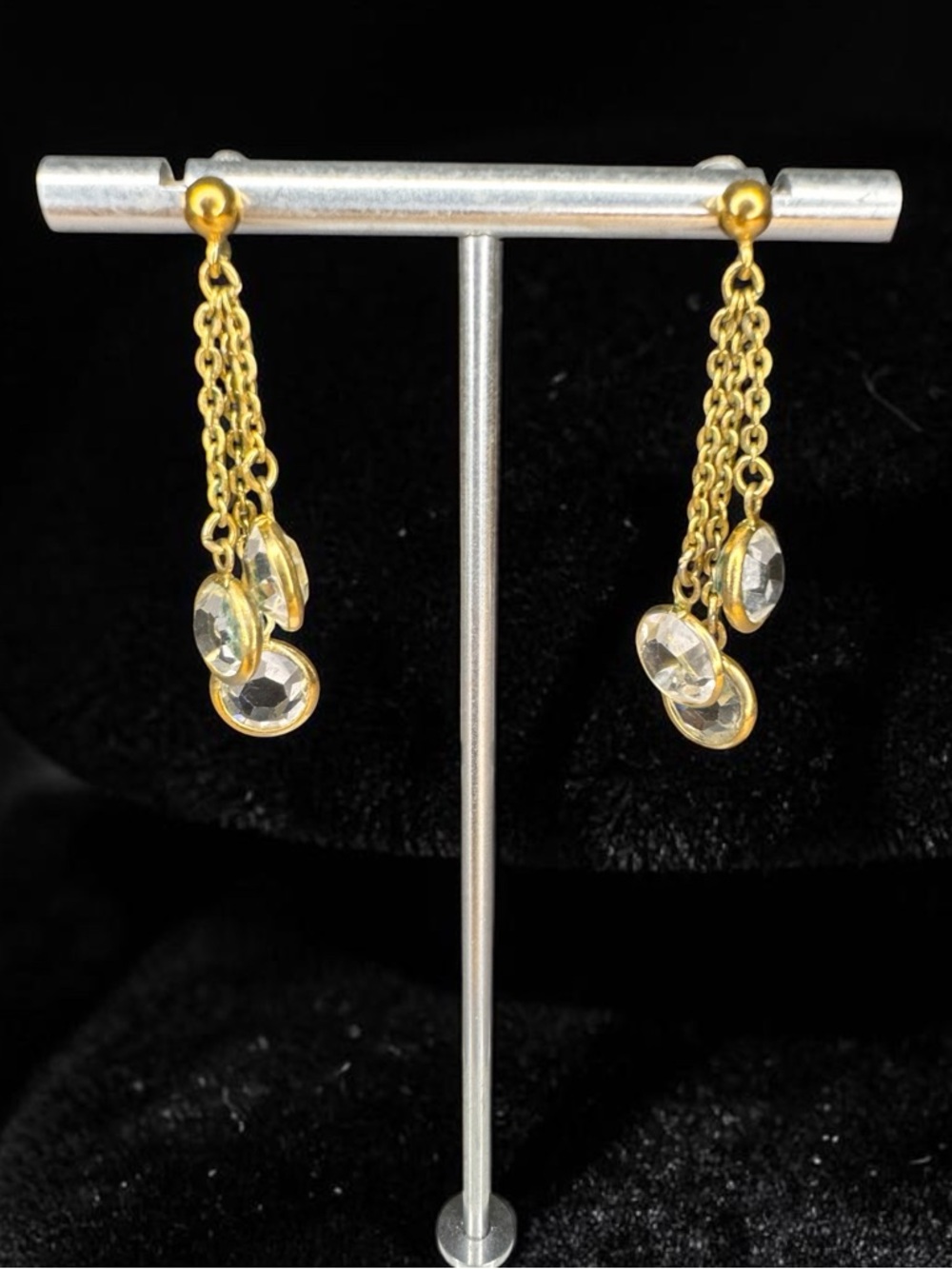 Gold Chain Drop Earrings with Clear Crystal Accents - SKU C